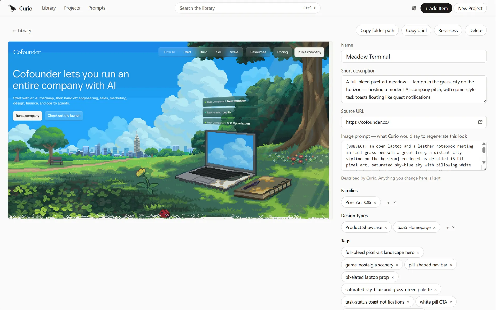 A single library item open for editing, showing its full-bleed screenshot beside a panel holding the name, Curio's written description, the source URL, a regeneration prompt, and editable family, design-type and tag chips.