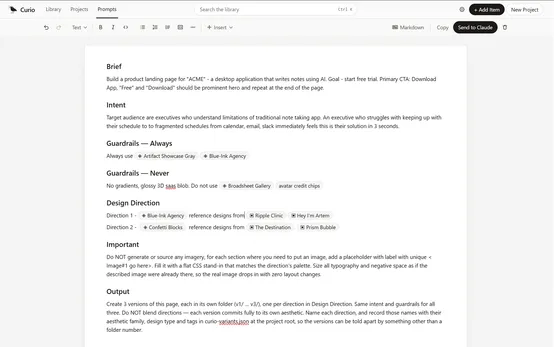 The prompt composer, showing a structured design brief with headings for Brief, Intent, Guardrails, Design Direction and Output, where vocabulary terms are inserted as inline chips.