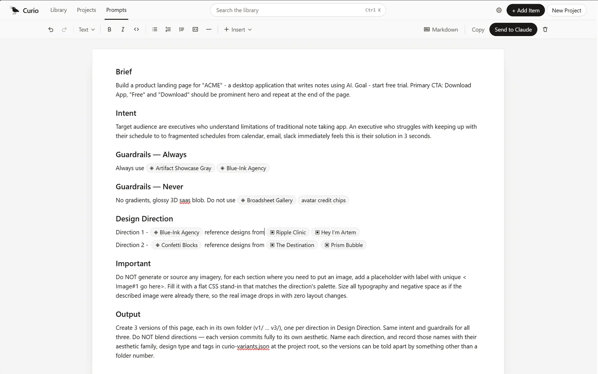 The prompt composer, showing a structured design brief with headings for Brief, Intent, Guardrails, Design Direction and Output, where vocabulary terms are inserted as inline chips.